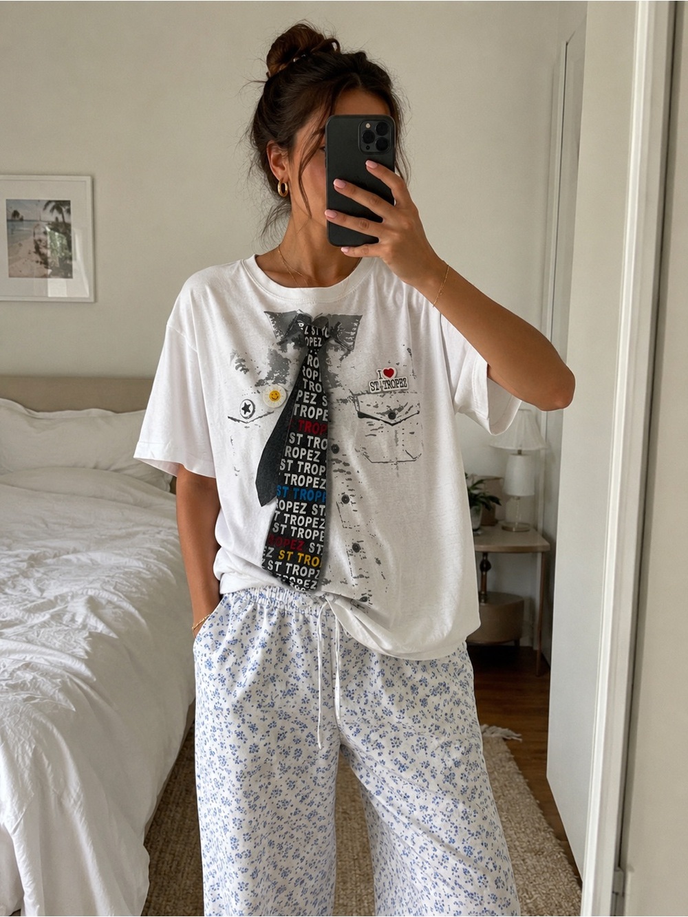 St. Tropez Graphic Trompe L’Oeil Tie T-Shirt White XL Novelty Tee Cotton